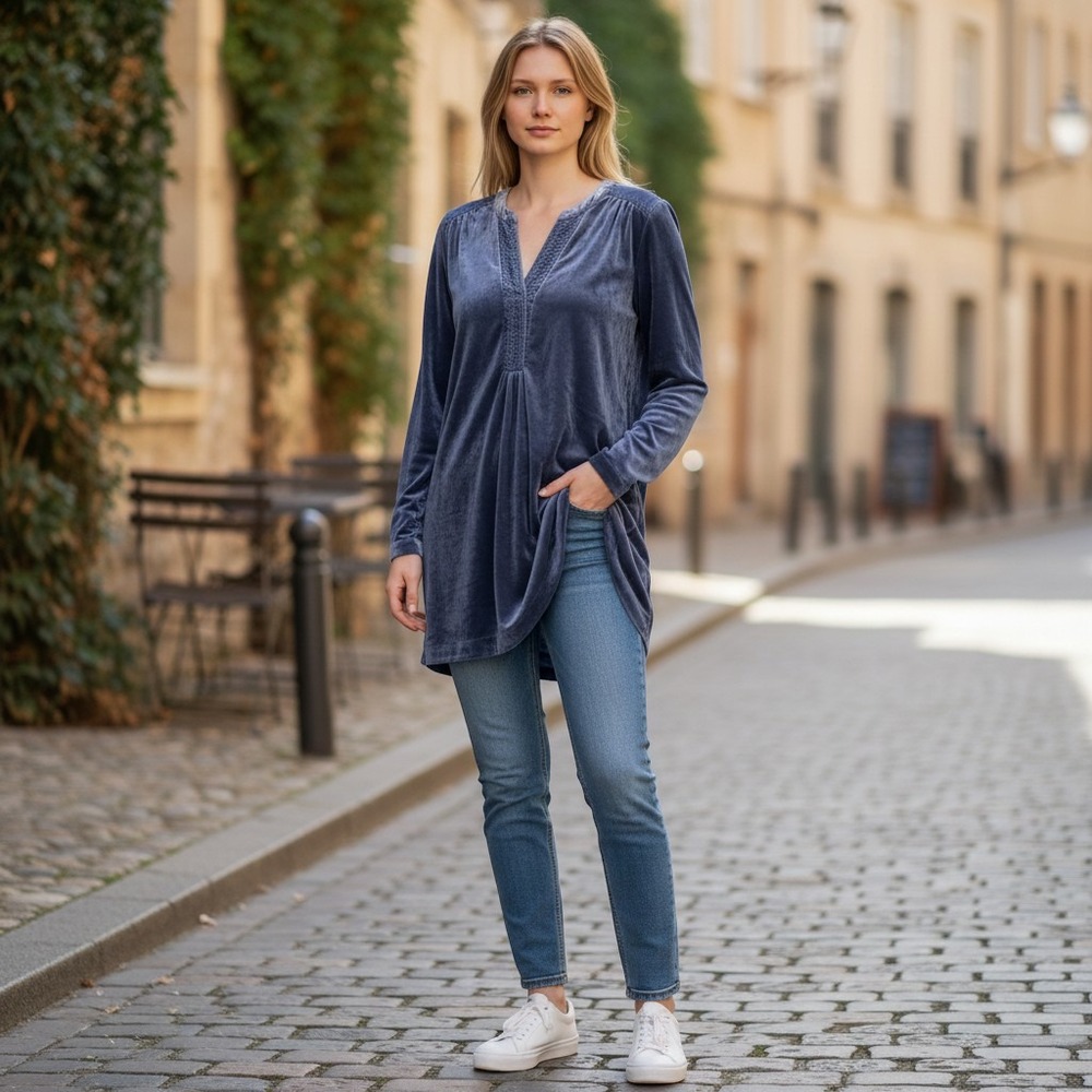 Anthropologie Velvet Tunic Top Blue Pintuck V-Neck Pocket Long Sleeve XS